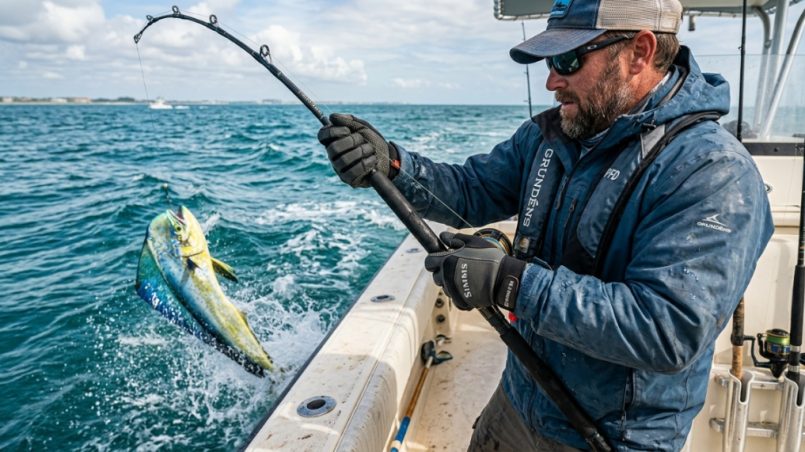 Angler wearing durable, top-rated fishing gloves while holding a rod.