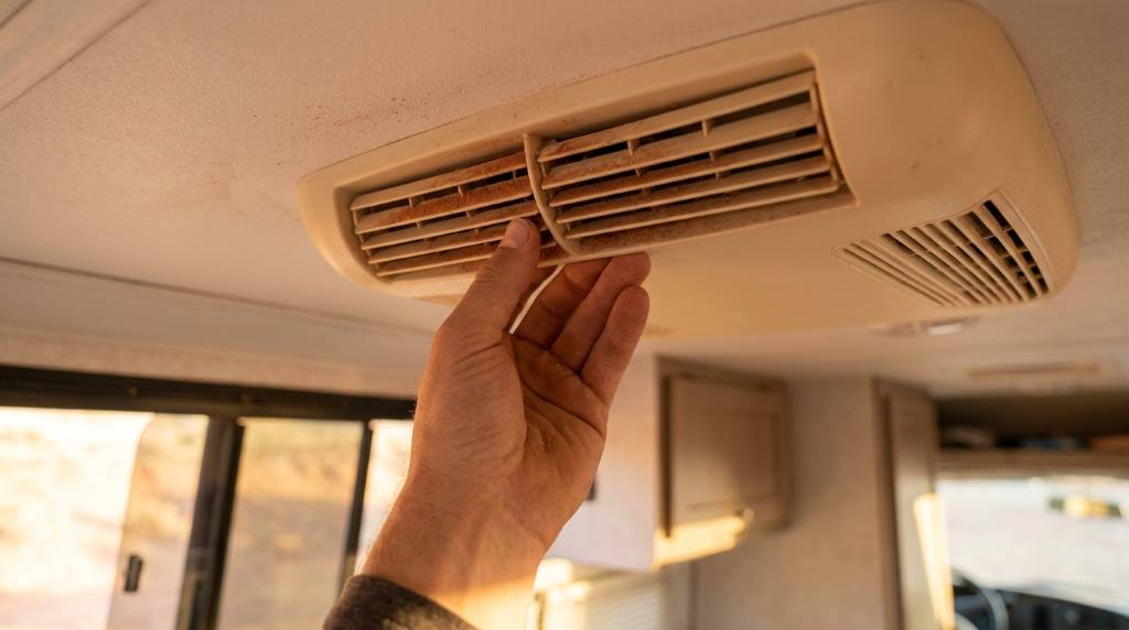 Campervan fan vent inspection during a Moab road trip