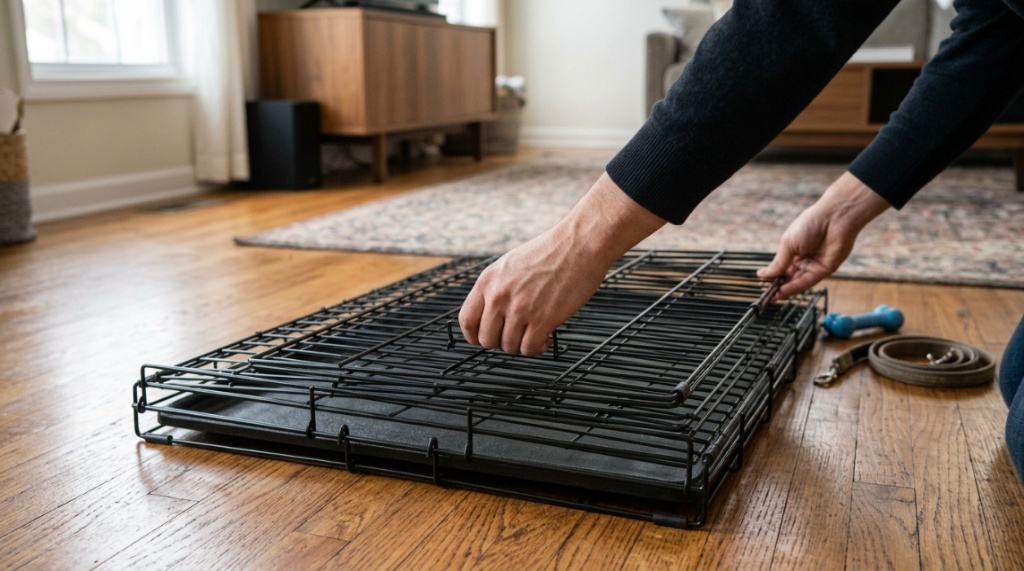Hands easily folding a metal wire dog crate flat for storage.