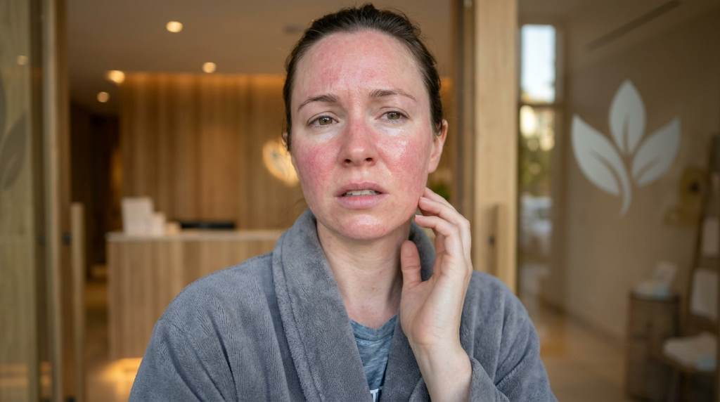 Sensitive red facial skin receiving post chemical peel soothing care