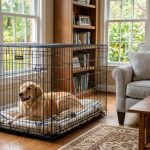 Golden retriever relaxing inside an affordable folding dog crate in a living room.