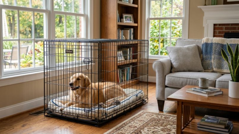 Golden retriever relaxing inside an affordable folding dog crate in a living room.