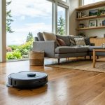 Modern robot vacuum cleaner mopping a bright hardwood living room floor.
