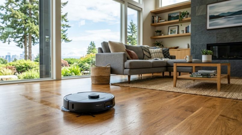 Modern robot vacuum cleaner mopping a bright hardwood living room floor.