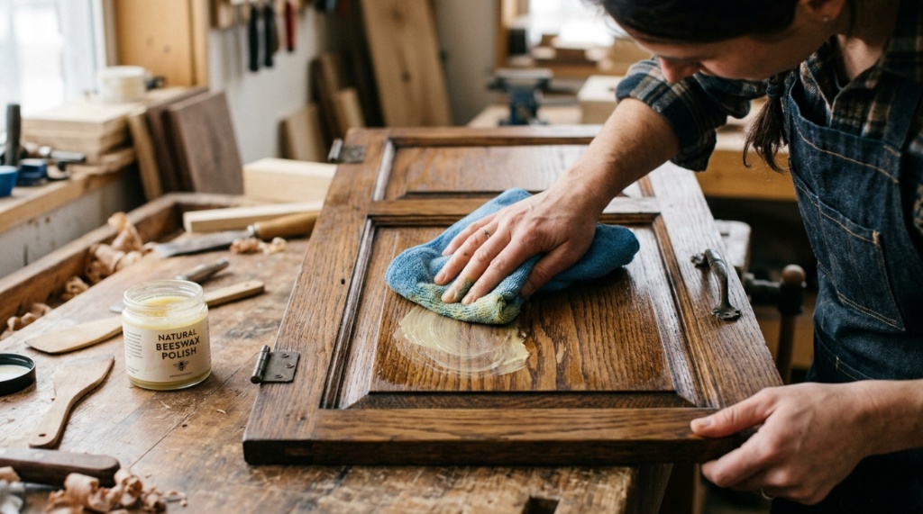 Person applying natural beeswax polish to a wooden cabinet door with microfiber cloth.