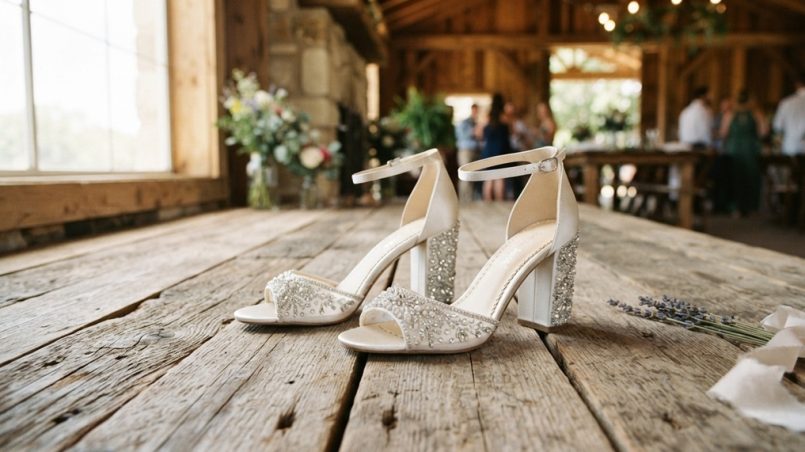 Crystal block bridal heels on rustic wood at a Texas wedding venue.