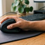 Budget ergonomic vertical mouse on a clean home office desk setup.