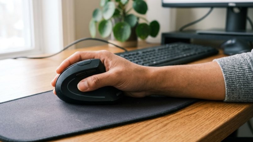 Budget ergonomic vertical mouse on a clean home office desk setup.