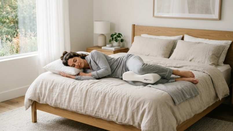 Side sleeper resting comfortably with an ergonomic memory foam knee pillow between legs