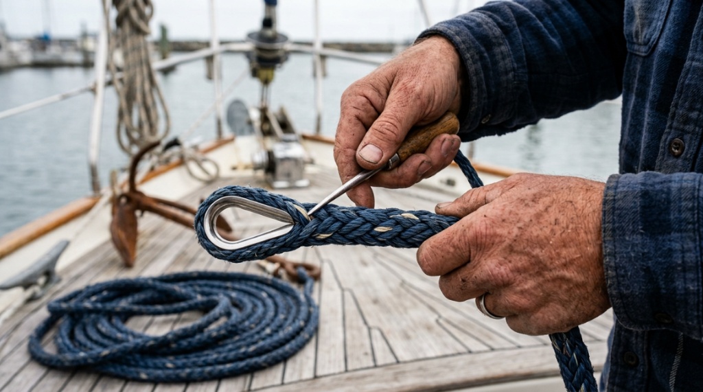 Hands inspecting a durable braided nylon marine anchor line.