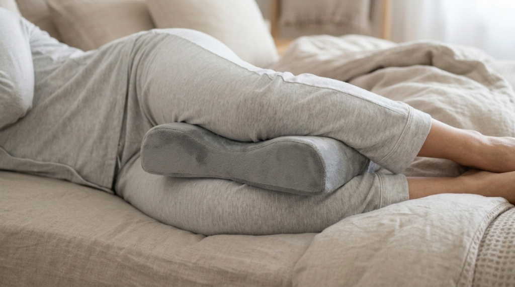 Side profile showing correct spinal alignment using a contoured support knee pillow