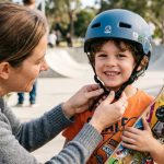 Child wearing certified helmet and pads smiling before skateboarding in New York park.