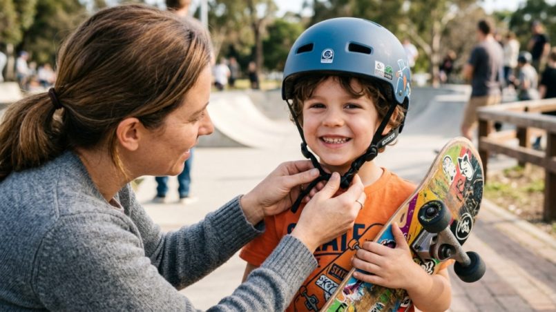 Child wearing certified helmet and pads smiling before skateboarding in New York park.
