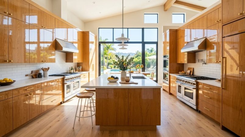 Bright modern California kitchen with polished oak wood cabinets reflecting natural sunlight.
