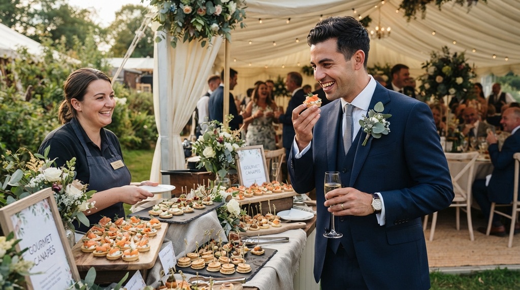 Groom tasting gourmet catering dishes at an outdoor marquee wedding reception.
