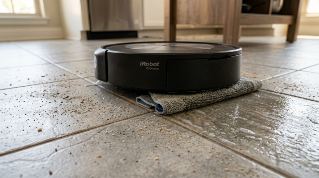 Close-up of a robot vacuum mopping a dirty kitchen tile floor.