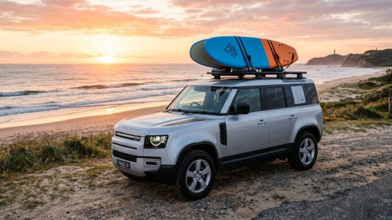 SUV parked by beach with surfboard secured on roof rack at sunrise