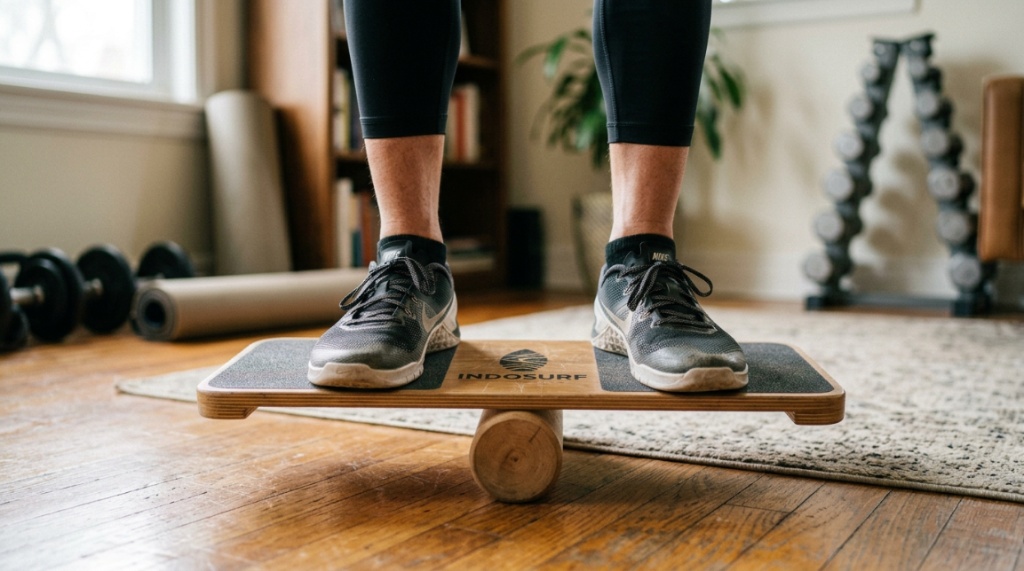 Close-up of feet balancing correctly on a wooden balance board.