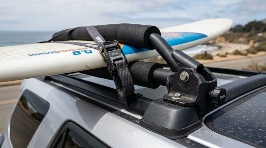 Close-up of protective padding and straps on SUV surfboard roof mount