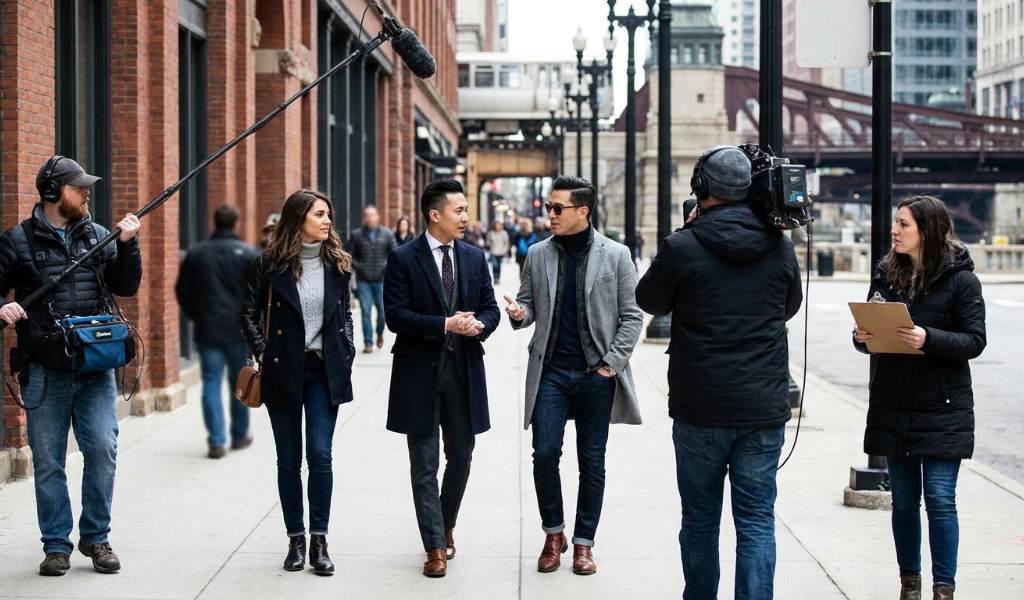 Friends shopping together in an independent boutique along a bustling Chicago avenue