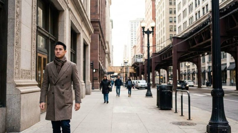 Stylish students wearing tailored winter coats while walking past Chicago historic buildings