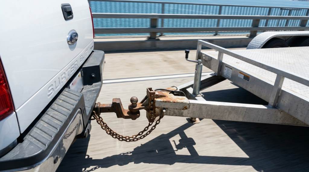 Vehicle towing trailer across bridge expansion joint