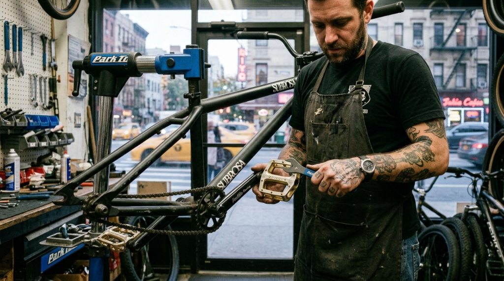 Rider testing high-grip nylon BMX pedals at an urban NYC skatepark.